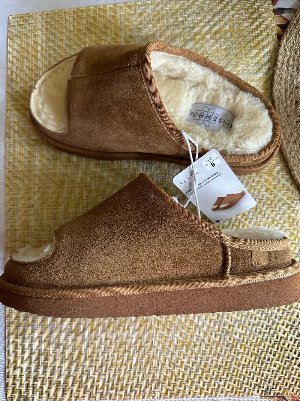 SERRA Chestnut Brown Genuine Leather Mules with Shearling Trim - Picture 2 of 7